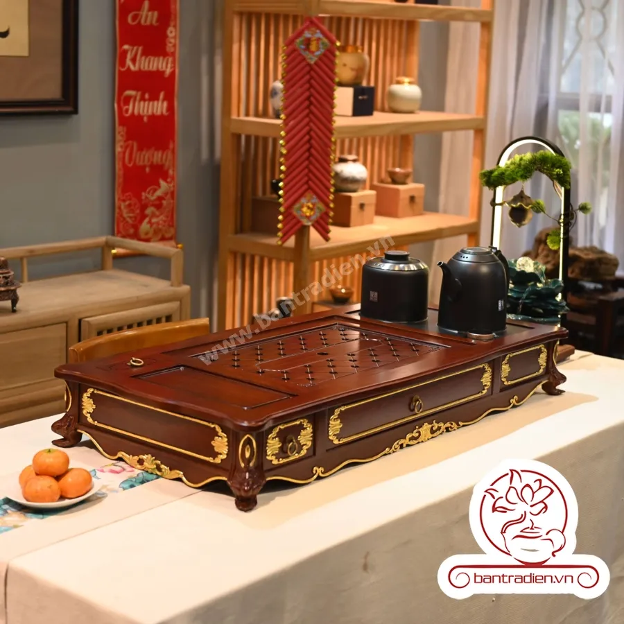 Bộ bàn pha trà điện thông minh đa năng cao cấp phong cách tân cổ điển vẽ vàng L6228 có ngăn kéo để đồ và khay đốt trầm