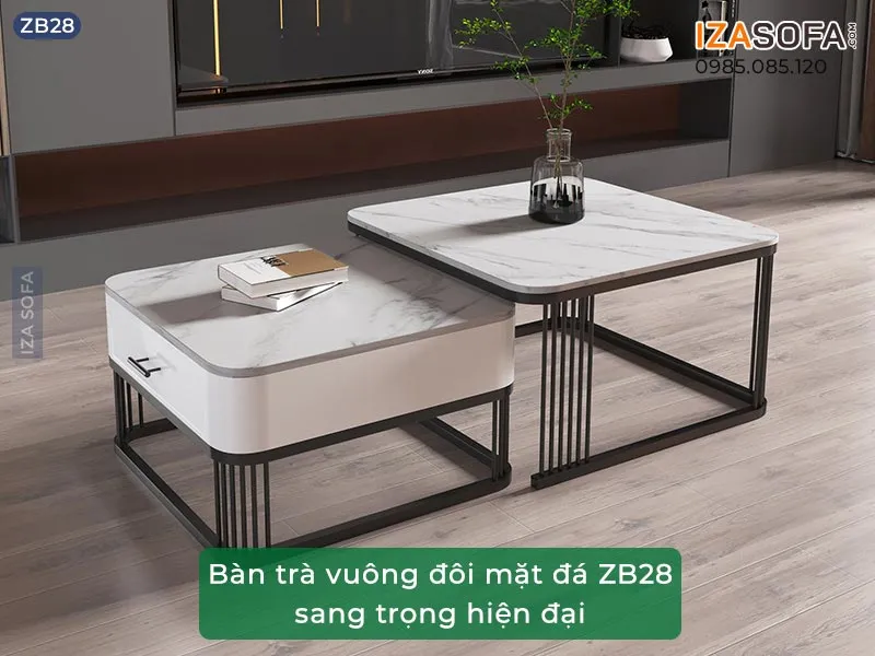 Phối cảnh bàn trà chân sắt mặt đá Ceramic đôi sang trọng cho phòng khách 2026