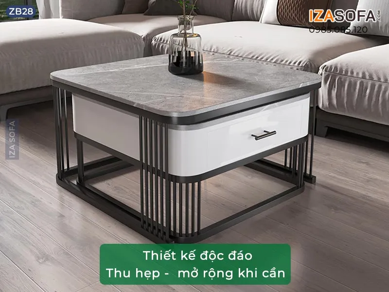 Chi tiết nẹp cạnh và bề mặt bàn trà chân sắt mặt đá cao cấp