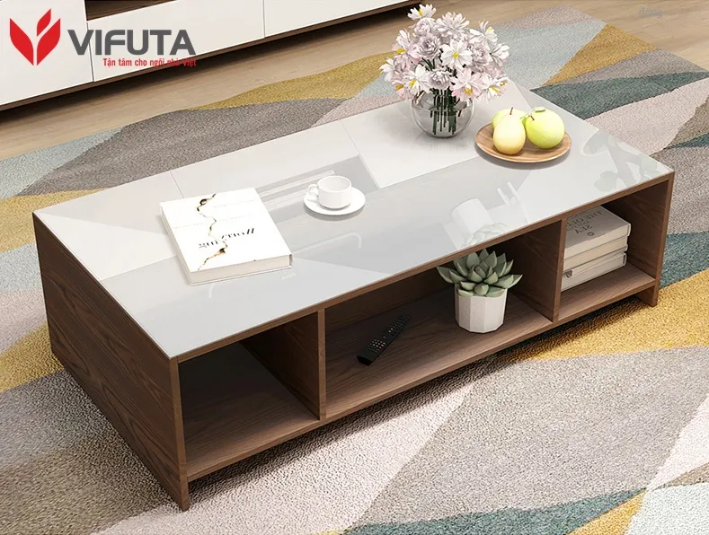 Bàn trà gỗ công nghiệp kết hợp mặt kính cường lực, thiết kế ngăn kéo tiện dụng