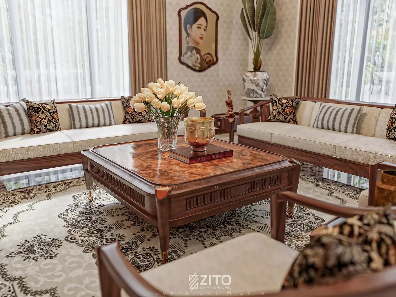 Bàn trà ZB 161 Ela mặt kính gỗ óc chó kiểu dáng độc đáo