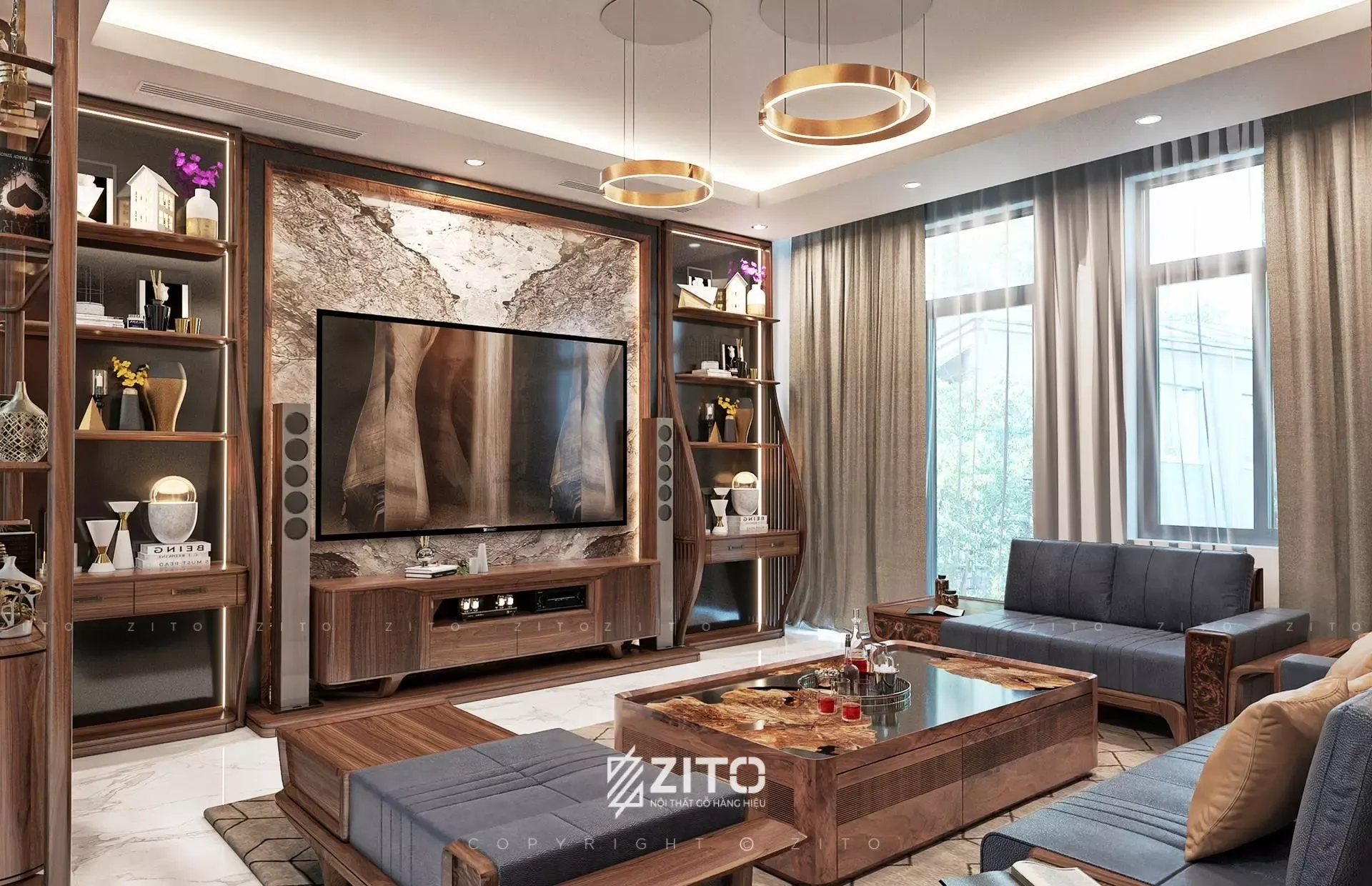 Bàn trà gỗ óc chó vân nu epoxy