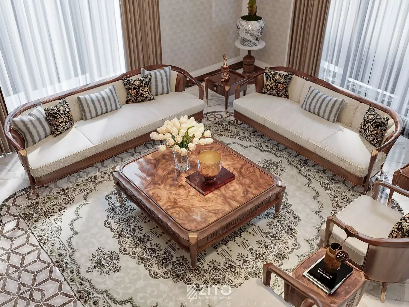 Bàn trà gỗ óc chó hình chữ nhật phòng khách nhà phố