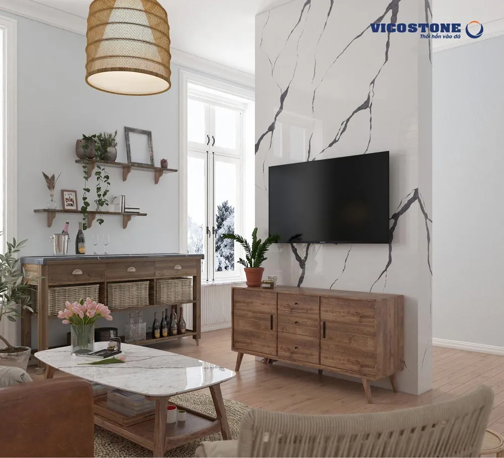 Sử dụng gỗ và đá nhân tạo gốc thạch anh tạo không gian đặc trưng của Rustic Style