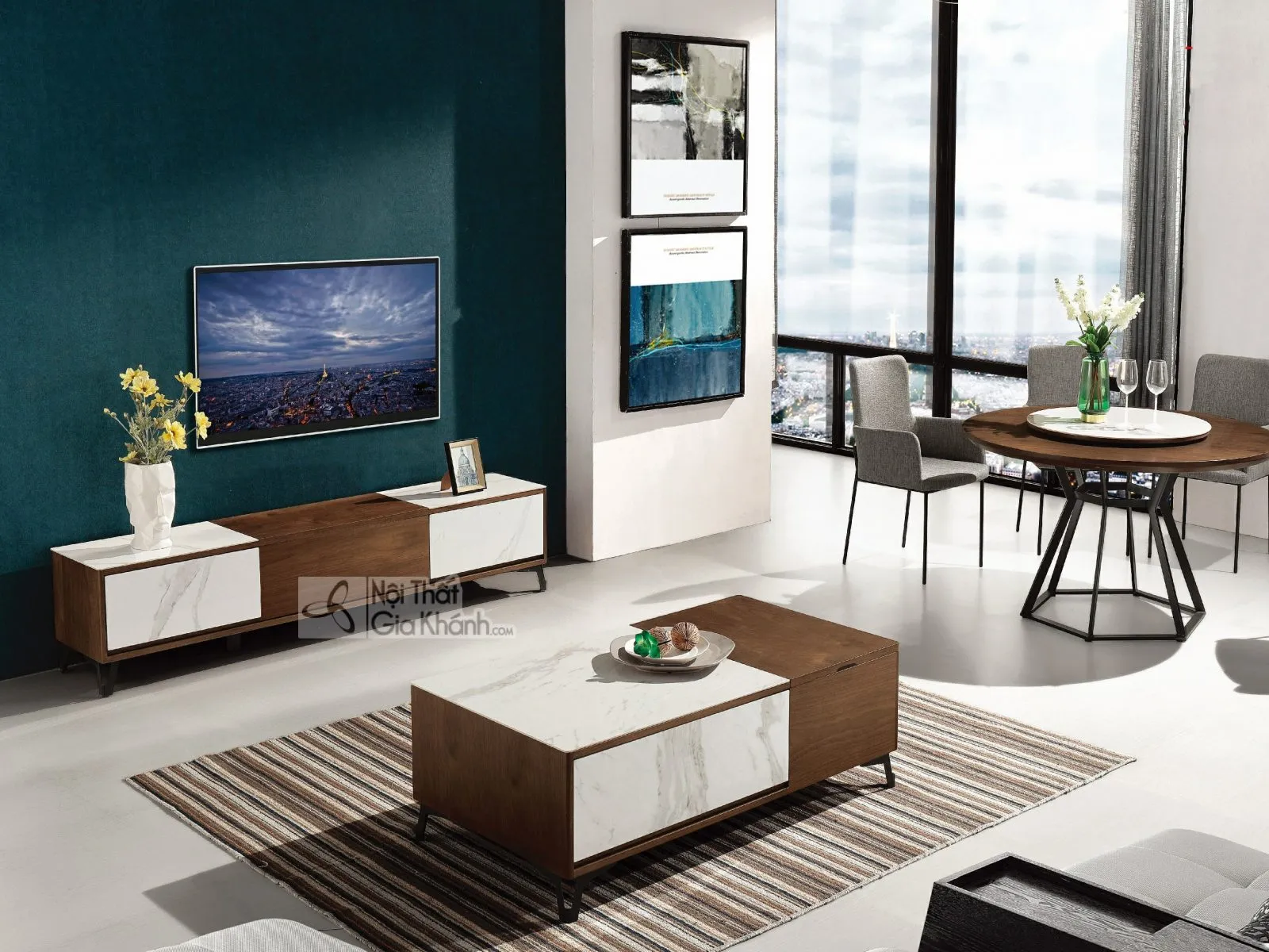 Bàn trà mặt đá chân gỗ cao cấp màu trắng lồng ghép trong phòng khách hiện đại