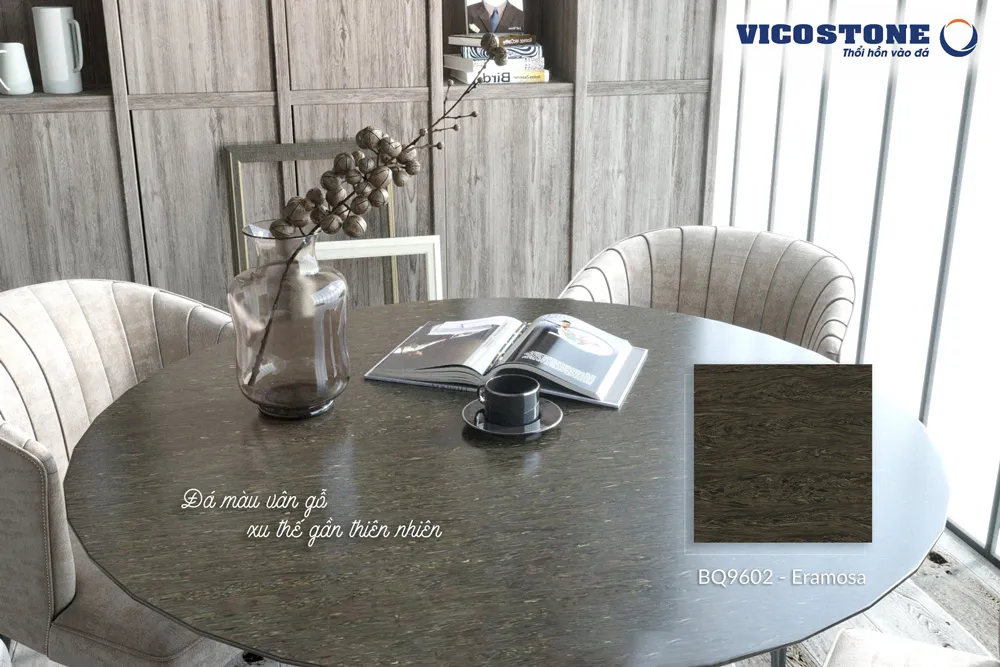 Bàn trà mặt đá thạch anh với vân gỗ