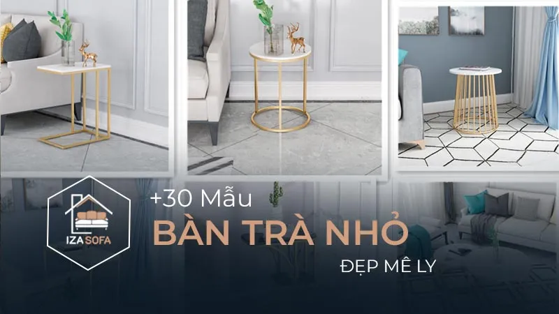 Bàn trà nhỏ hình tròn với chân sắt mạ vàng và mặt đá trắng vân mây, phù hợp cho phòng khách hiện đại