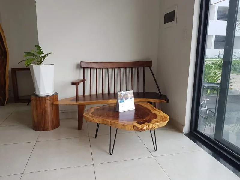 Bàn trà gỗ me tây kết hợp sofa hiện đại trong phòng khách