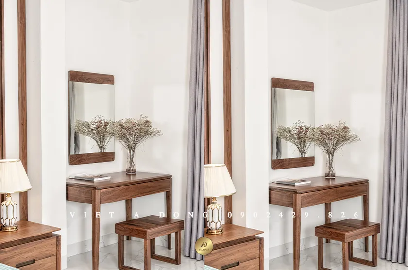 Bàn phấn gỗ óc chó BTD-04 với thiết kế hiện đại và gương treo tường tinh tế