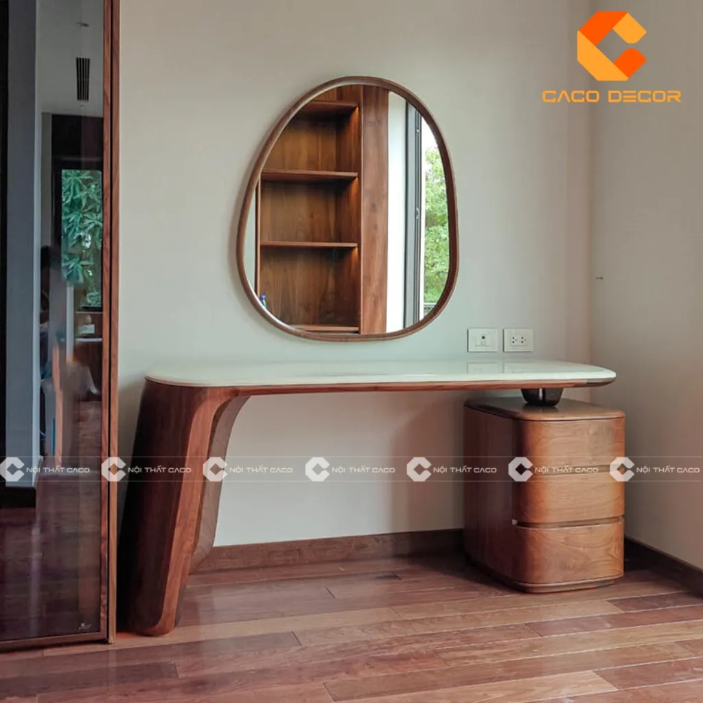 Mẫu bàn trang điểm gỗ óc chó với thiết kế mặt đá sang trọng