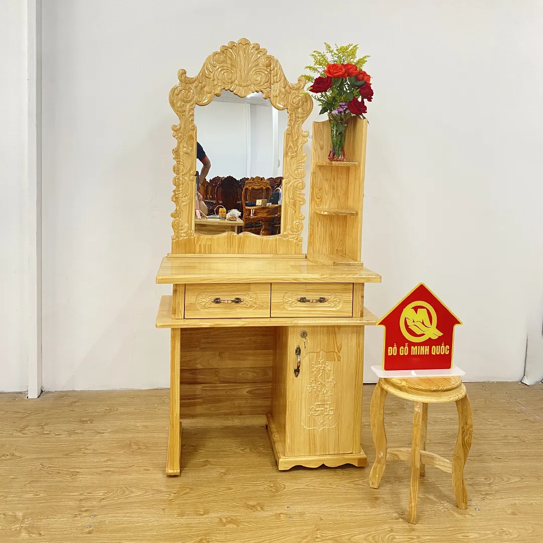 Bàn Trang Điểm Gỗ Thông Gương Oval 80 - SP564, một mẫu bàn trang điểm gỗ đẹp tối giản
