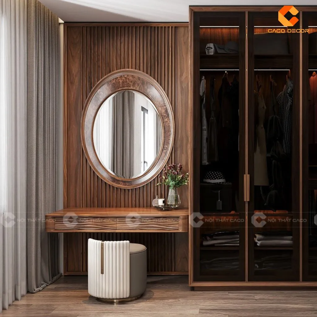 Mẫu bàn trang điểm gỗ tự nhiên kèm gương tiện ích