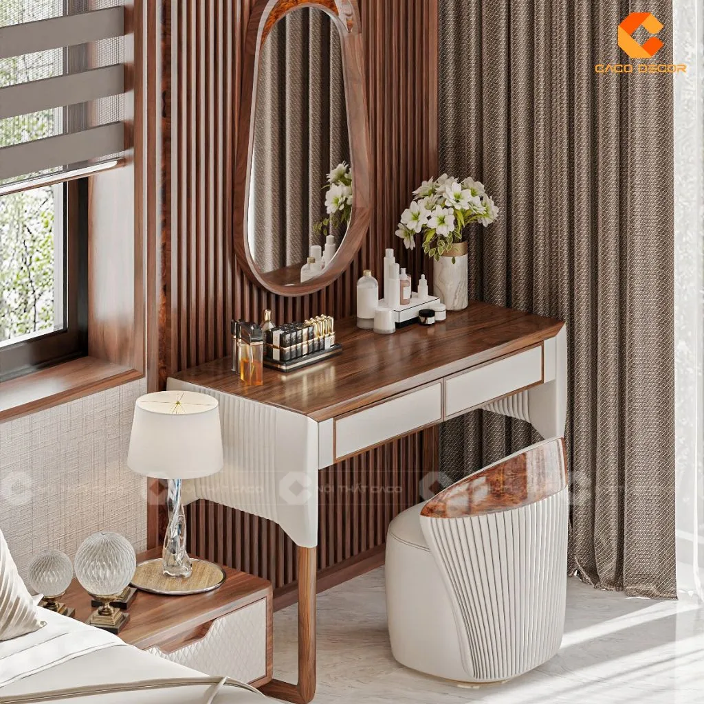 Mẫu bàn trang điểm gỗ tự nhiên phối màu nâu trắng sang trọng