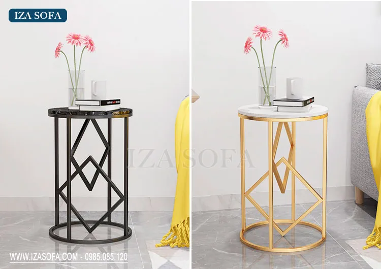 Bàn trà tròn nhỏ gọn với mặt đá trắng và chân sắt sơn tĩnh điện màu vàng
