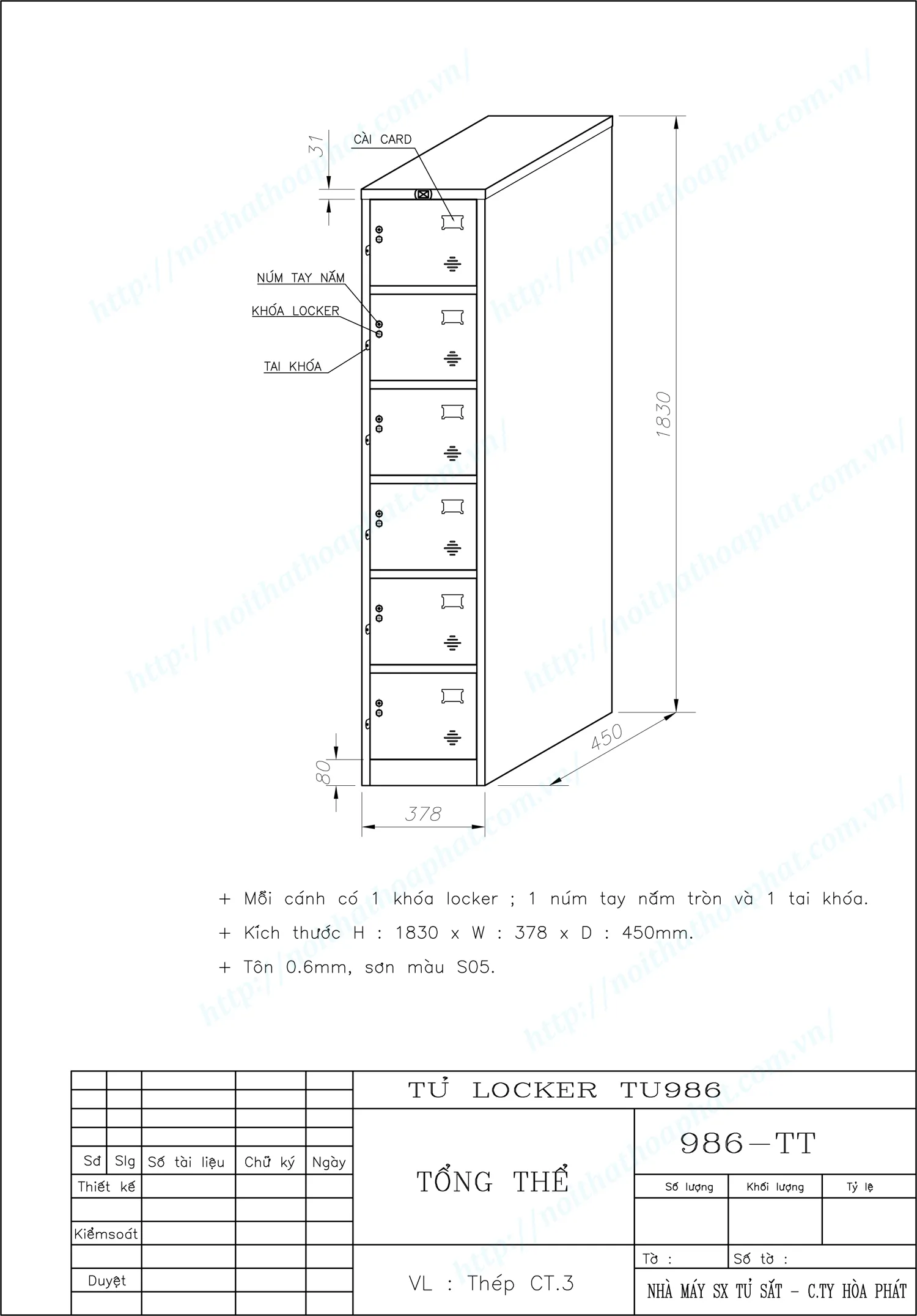 Bản vẽ kỹ thuật tủ locker 6 ngăn TU986 với chi tiết kích thước, vật liệu thép CT3 0.6mm, sơn tĩnh điện màu S05