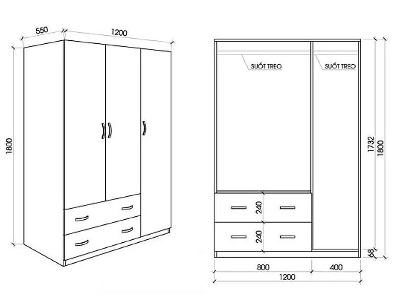 Mẫu bản vẽ thiết kế tủ quần áo 3 cánh