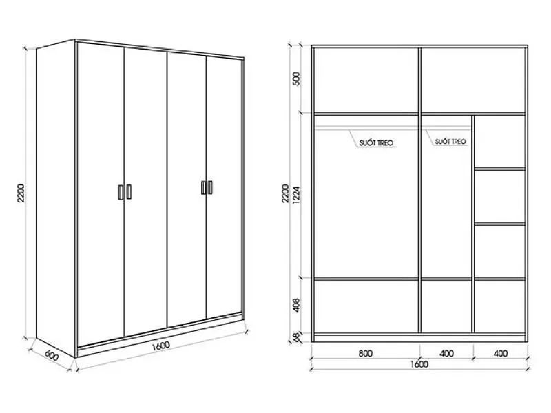 Mẫu bản vẽ thiết kế tủ quần áo 4 cánh