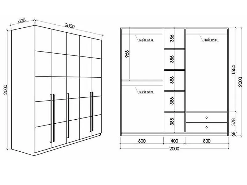 Mẫu bản vẽ kỹ thuật tủ quần áo 5 cánh rộng rãi