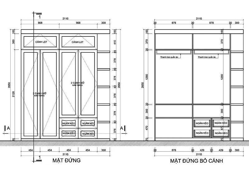 Mẫu bản vẽ kỹ thuật tủ quần áo 4 cánh mở