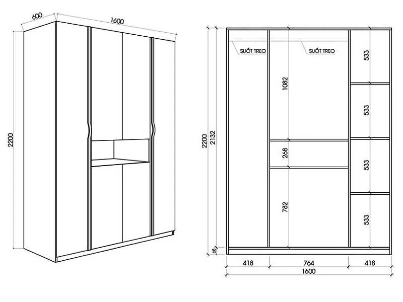 Mẫu bản vẽ tủ quần áo 2 cánh trượt