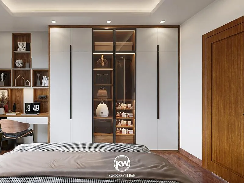 Tủ quần áo gỗ công nghiệp kết hợp cánh kính đèn LED được các thợ lành nghề tại Kwood Việt Nam hoàn thiện tỉ mỉ