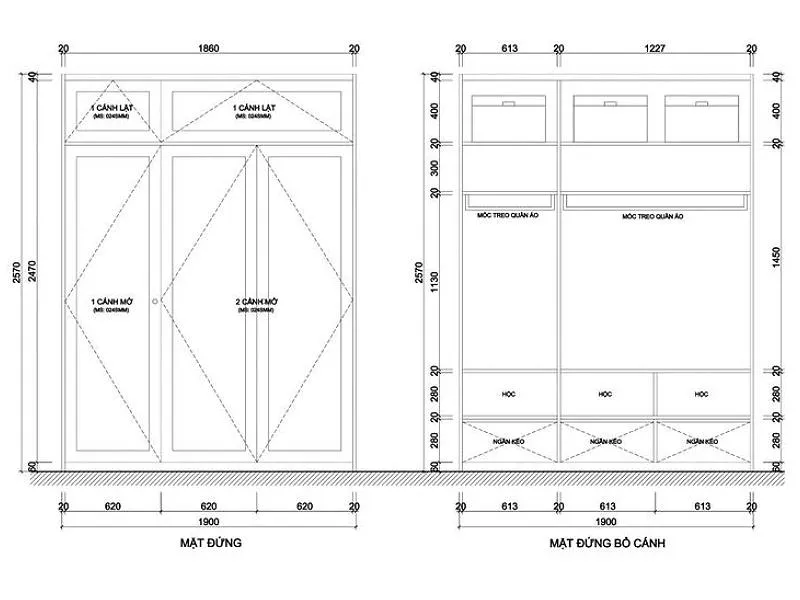 Mẫu bản vẽ chi tiết tủ quần áo 3 cánh mở