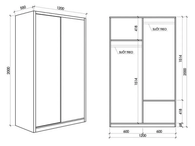 Mẫu bản vẽ kỹ thuật tủ quần áo 2 cánh