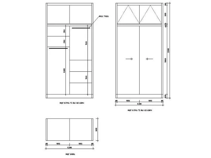 Mẫu bản vẽ thiết kế tủ quần áo 2 cánh