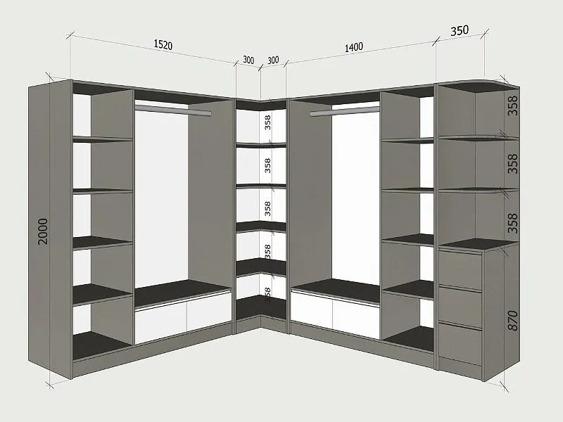 Mẫu bản vẽ kỹ thuật tủ quần áo góc chữ L