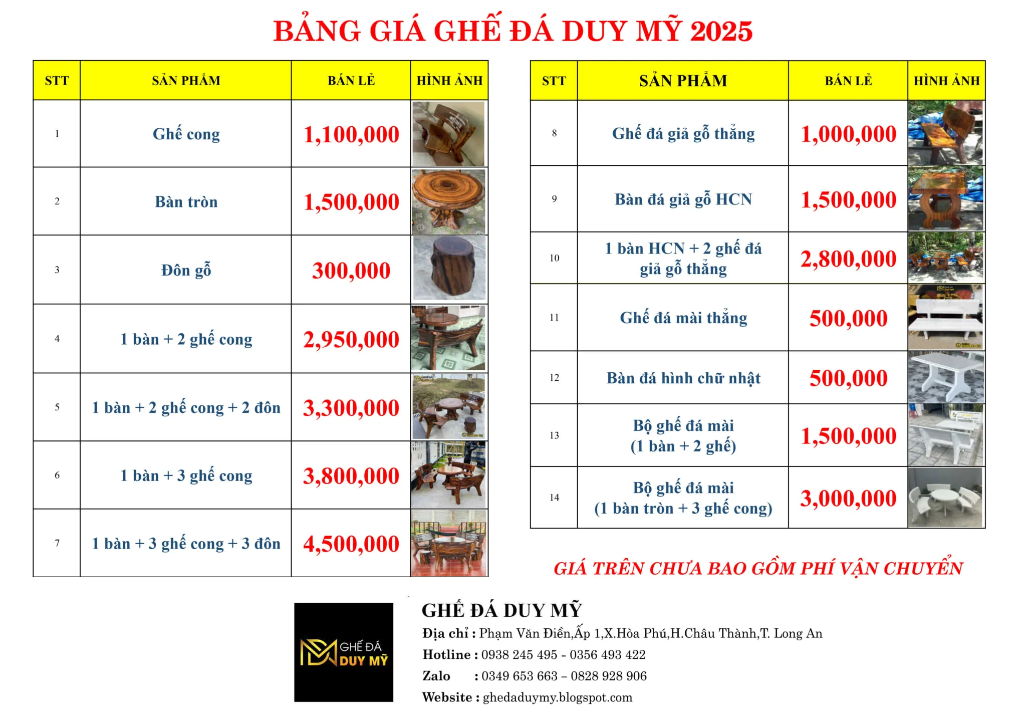 Bảng giá tham khảo các sản phẩm ghế đá giúp khách hàng dễ dàng lựa chọn theo ngân sách