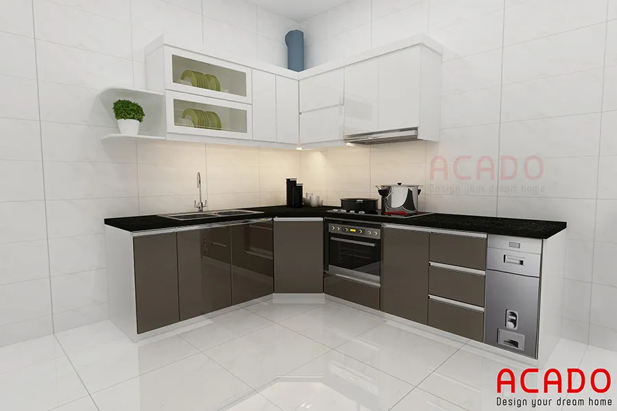 Tủ bếp chữ L chất liệu Laminate bóng gương An Cường cao cấp