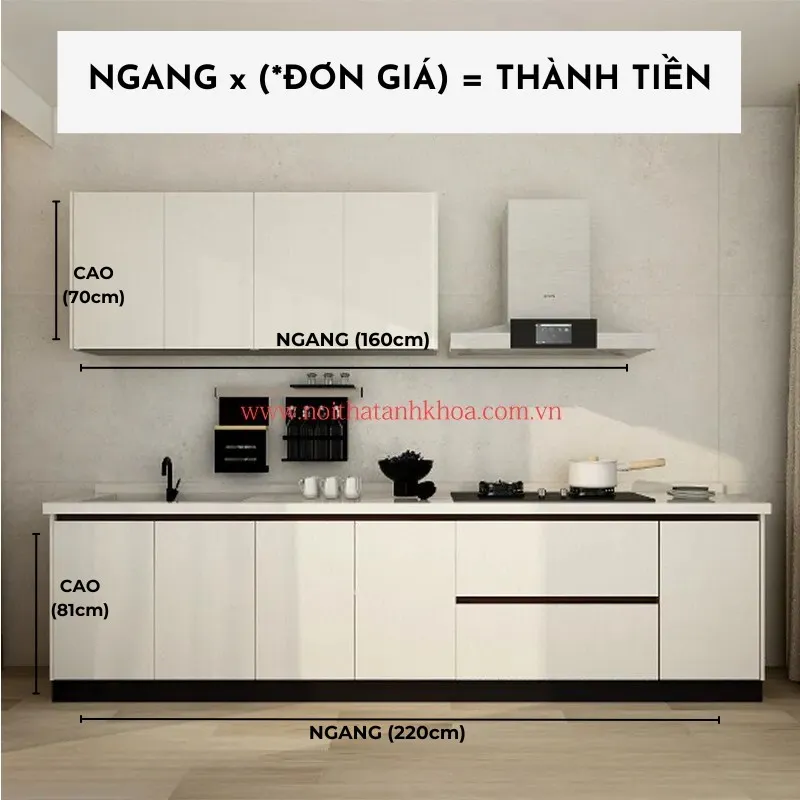 Tủ bếp gỗ công nghiệp MDF An Cường, thiết kế chữ L hiện đại với cánh acrylic bóng gương