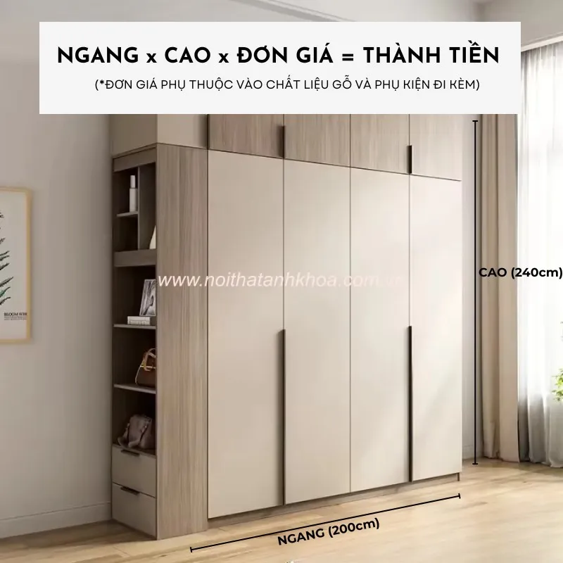 Tủ quần áo gỗ công nghiệp MDF lõi xanh, thiết kế hiện đại với cánh lùa ray giảm chấn