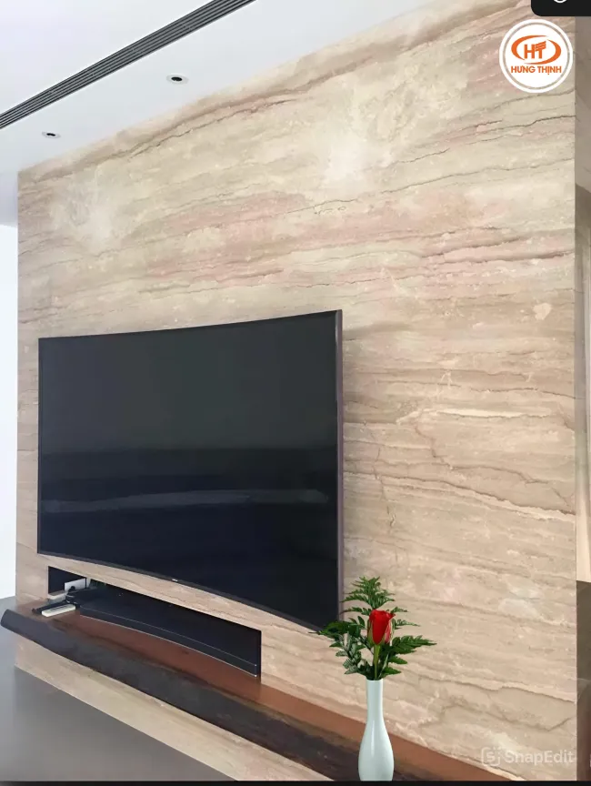 Ốp vách tivi với đá vân gỗ tự nhiên