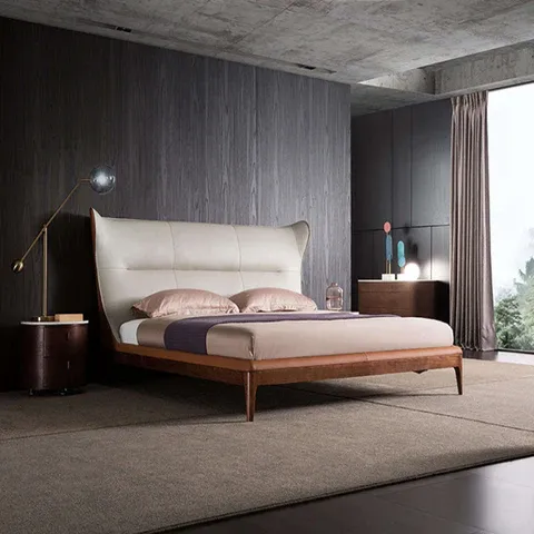 Giường ngủ gỗ tự nhiên với thiết kế hiện đại, đầu giường bọc nệm êm ái