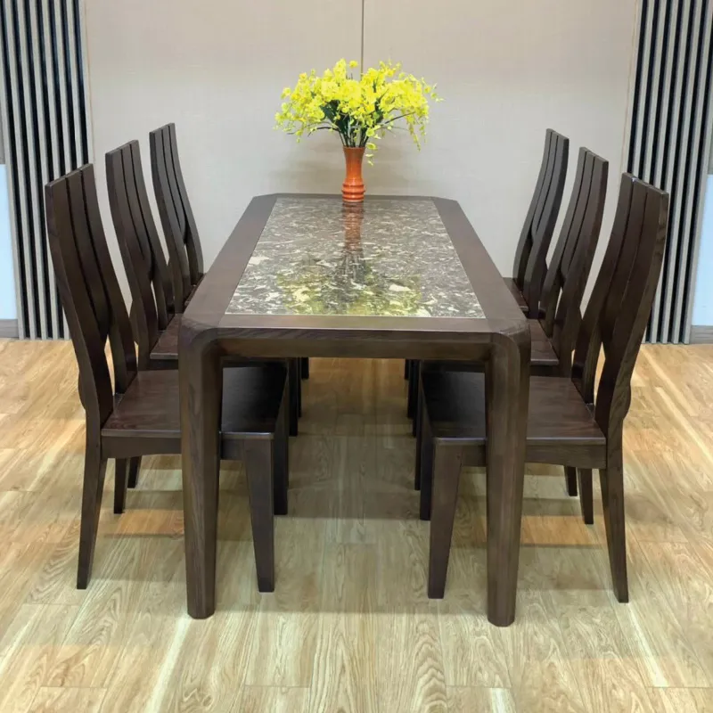 Mẫu bàn ăn 6 ghế mặt đá chân sắt phong cách Bắc Âu