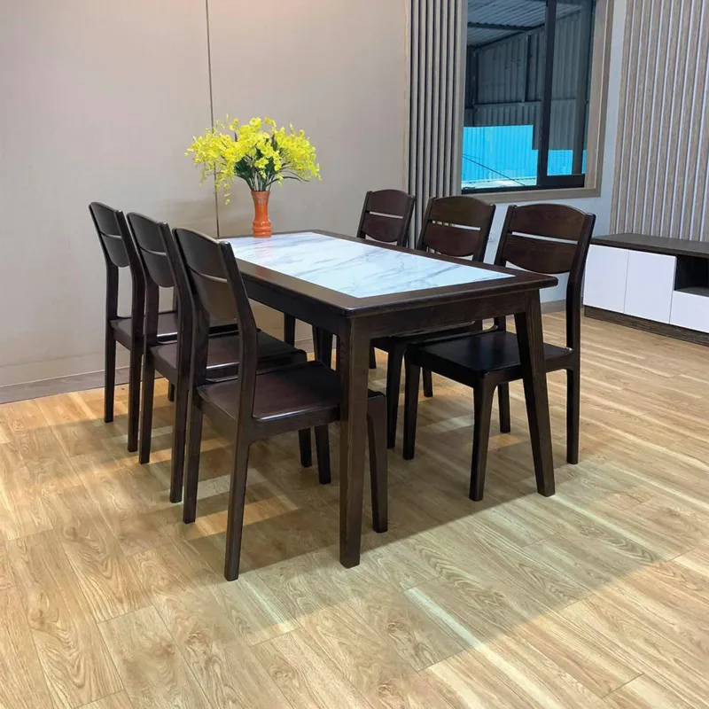 Mẫu bàn ăn 6 ghế gỗ sồi mặt trắng tinh khôi mang lại sự hiện đại cho phòng bếp