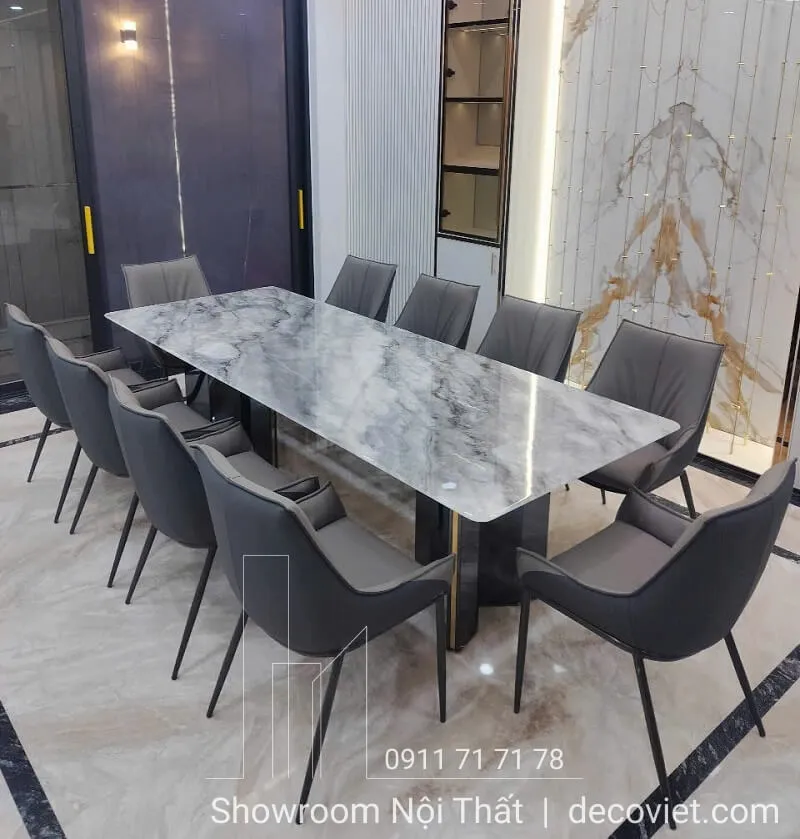Bộ bàn ăn hình tròn 10 ghế mặt đá với mâm xoay, phù hợp cho không gian biệt thự