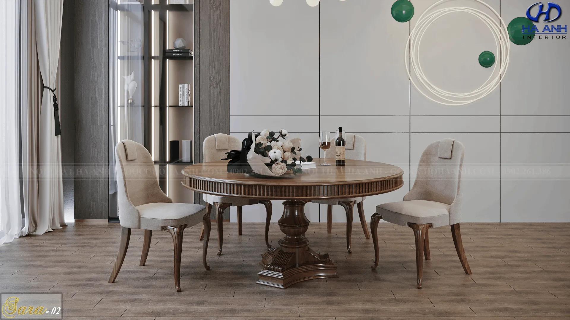 Bàn ăn gỗ óc chó 4 ghế với mặt ốp đá tinh tế