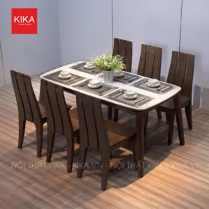Bộ bàn ăn 6 ghế gỗ Sồi mặt đá 1.6m – BA324