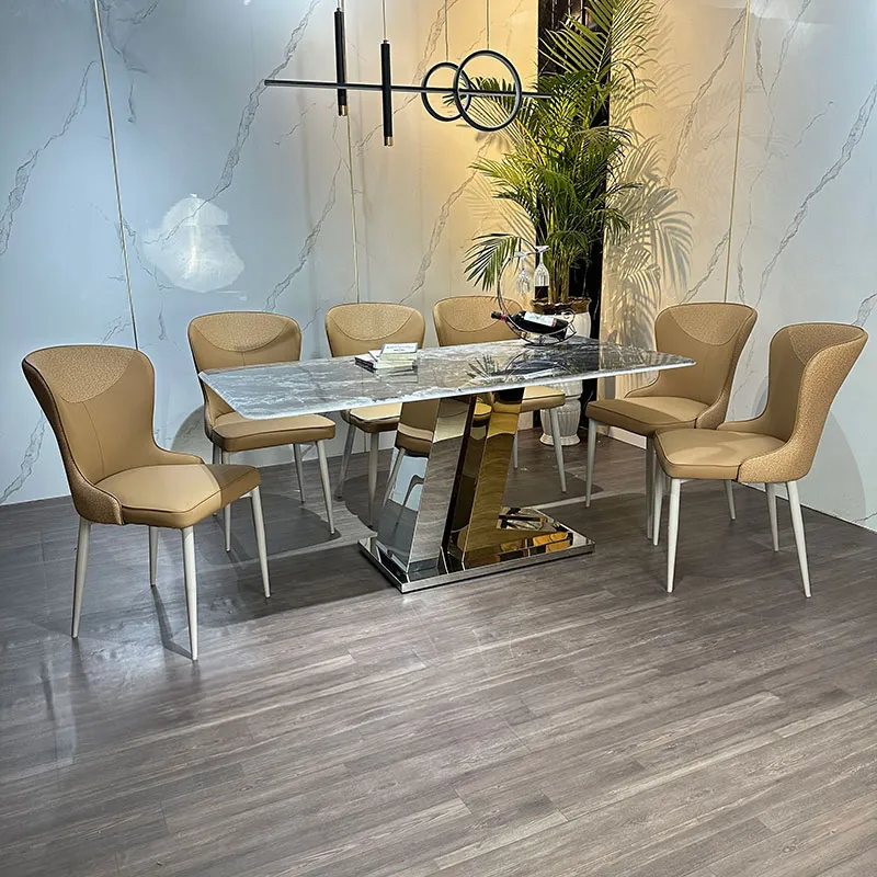 Chi tiết mặt bàn đá vi tinh thể và chân inox của bộ bàn ăn 6 ghế