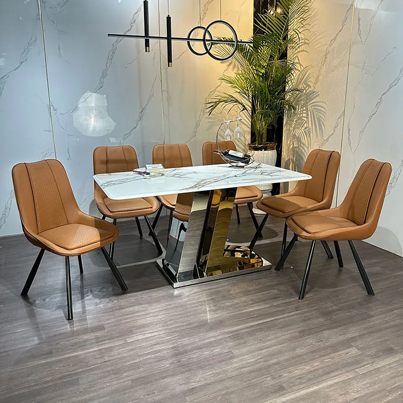 Ghế bọc da và form lưng cong đi kèm bộ bàn ăn 6 ghế mặt đá