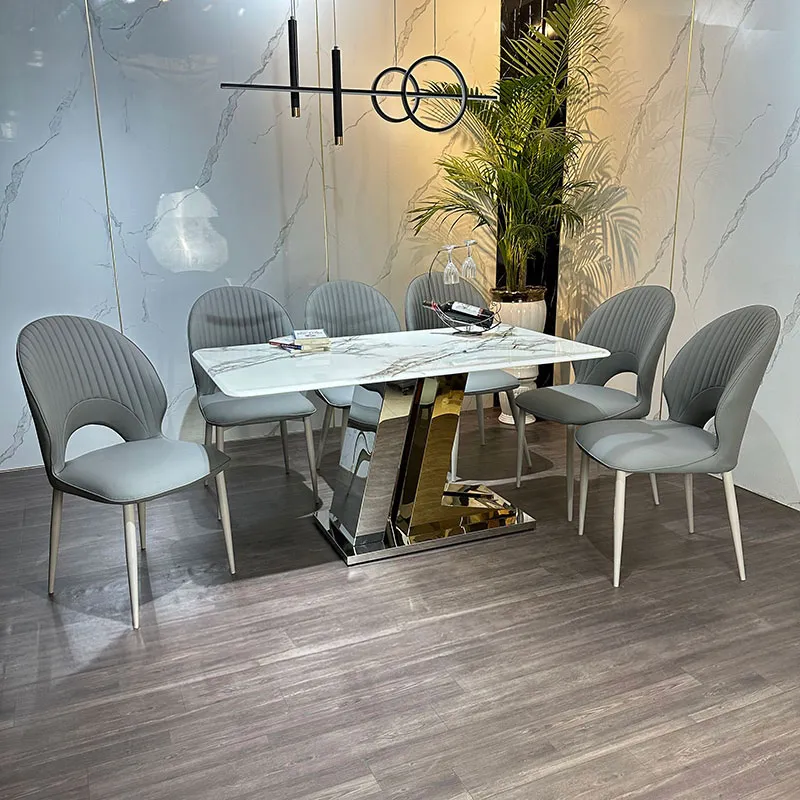 Góc nhìn tổng thể bộ bàn ăn 6 ghế mặt đá với thiết kế tối giản, tinh tế