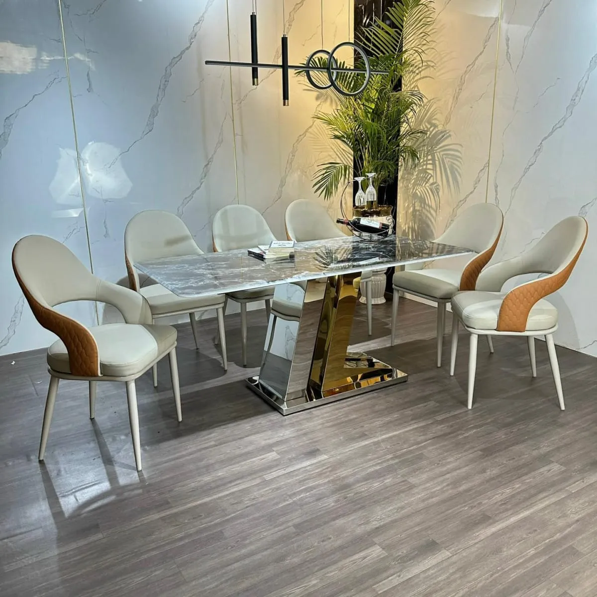 Bộ bàn ăn 6 ghế mặt đá vi tinh thể chân inox sang trọng cho phòng bếp hiện đại