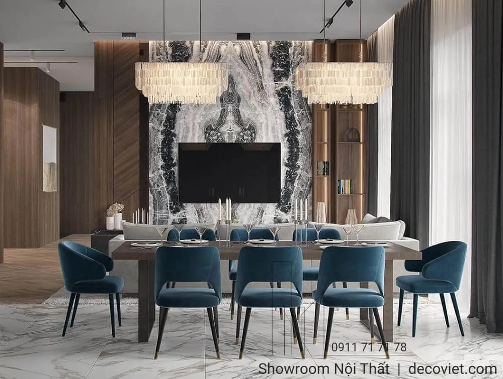 Bộ Bàn Ăn 8 Ghế Mặt Đá Cao Cấp với ghế bọc da hiện đại