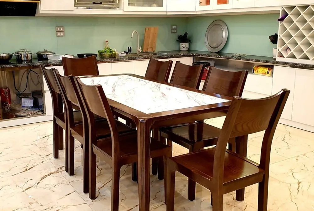 Bộ bàn ăn 8 ghế gỗ sồi sơn màu óc chó cho gia đình đông người đẹp hiện đại
