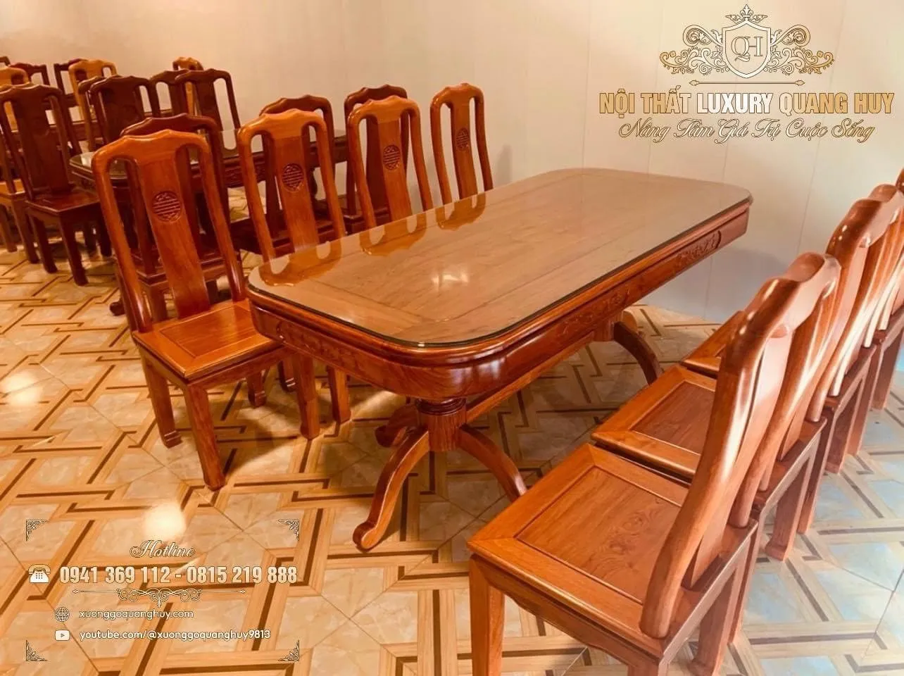 bàn ăn 8 ghế gỗ gõ đỏ