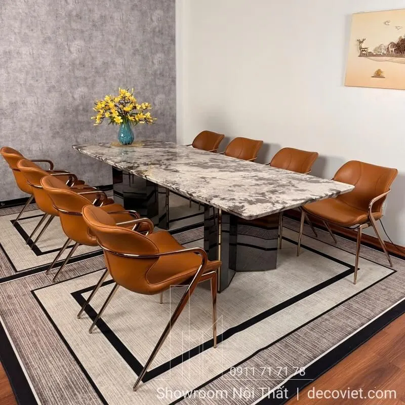 Bộ Bàn Ăn 8 Ghế Mặt Đá hiện đại với chân inox chắc chắn
