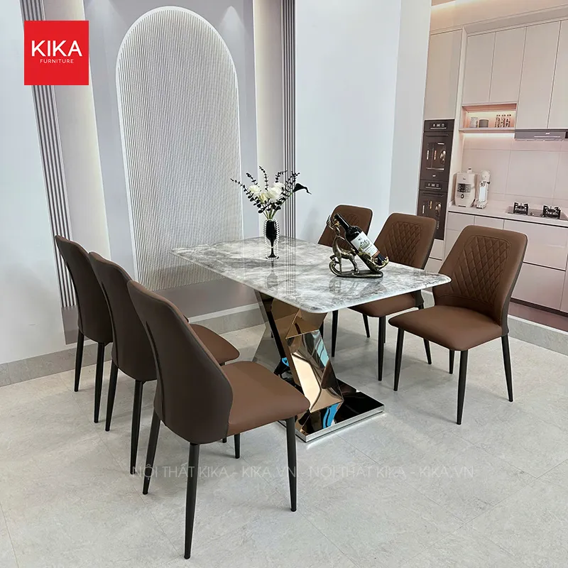 Bộ bàn ăn mặt đá Thạch Anh 6 ghế bọc da nhập khẩu