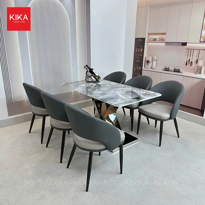 Bộ bàn ăn mặt đá Thạch Anh 6 ghế hiện đại, cao cấp